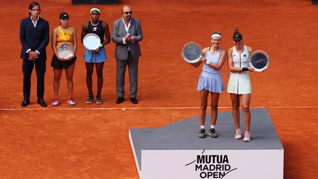 The women’s doubles winners and finalists weren’t allowed to speak after the Madrid Open final. (Photo by Julian Finney/Getty Images)