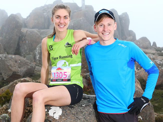 Winners of the men's and women's run event L-R Virginia Moloney 24 of Garvoc Victoria and Dylan Evans 21 of Launceston who were both first time runners in the event. Point to Pinnacle run and walk from Wrestpoint Casino to the top of Mount Wellington.