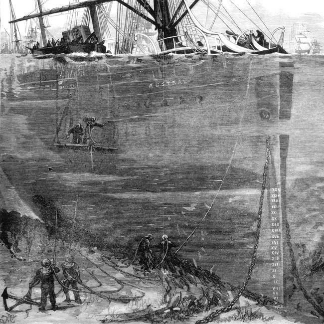 A sketch of divers at work on RMS Austral. Image State Library of Victoria