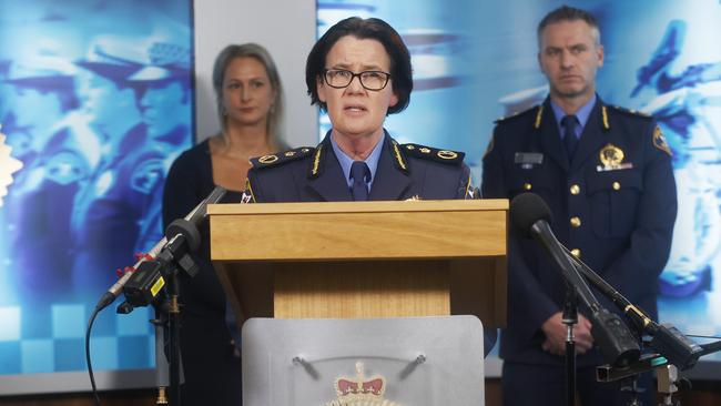 Tasmania Police Commissioner Donna Adams, centre, with independent reviewer Regina Weiss and Deputy Commissioner Jonathan Higgins. Picture: Nikki Davis-Jones