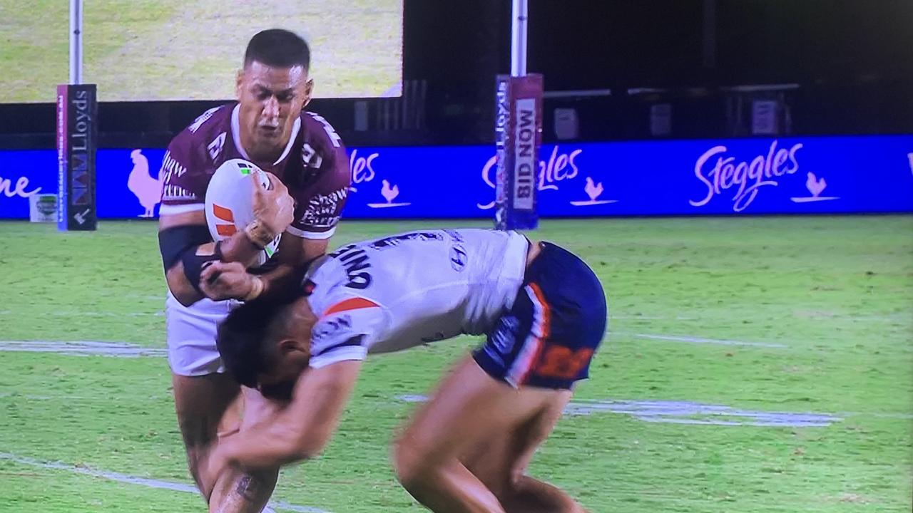 Joseph Suaalii copped a knock while trying to make a tackle.