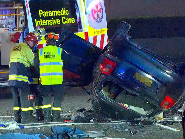 Two are dead and another person is fighting for life are a car and motorcycle crash in Greenacre. Picture: TNV