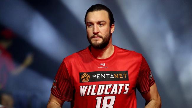 Miles Plumlee of the Wildcats is introduced before the Round 19 NBL match between the Perth Wildcats and Brisbane Bullets at RAC Arena in Perth, Sunday, February 9, 2020. (AAP Image/Gary Day)