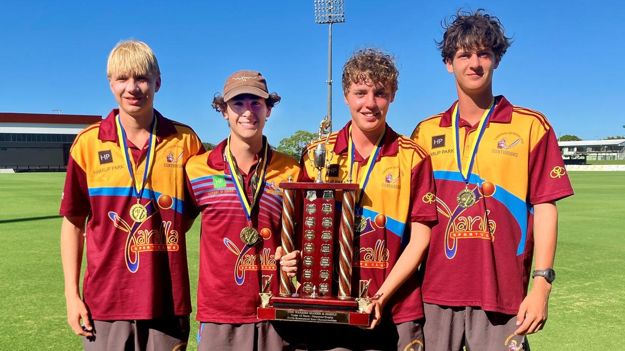 Central Queensland under-18 cricketers Joshua Peckett, Cayden Kent, Riley McDonald and Sam Gassman celebrate their win at the North Queensland Zone Championships.