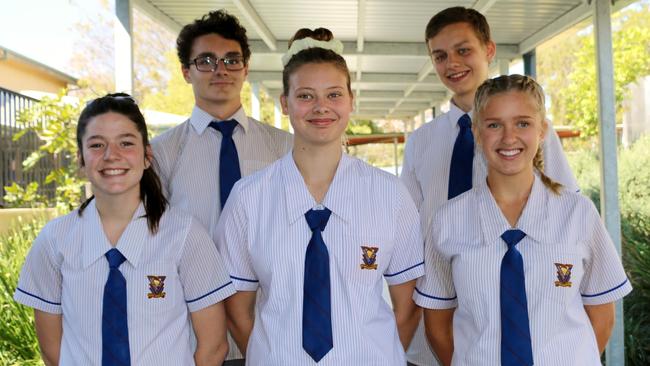 Redcliffe State High School captains. Front L to R: Harriet Alexander-Bates, Regan Payne and Jade Allan. BackL to R: William Phillips and Tyler Cindric.