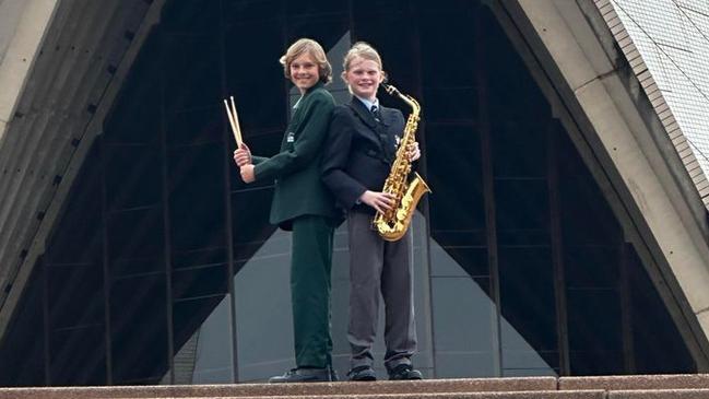 Lennox Head Public School percussionist Xavier Draxl and Southern Cross Public saxophonist Max McCann at the Sydney Opera House. Picture: Supplied