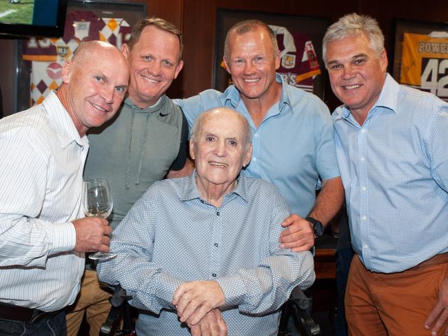 Gary Balkin in more recent times with former Broncos (from left) Allan Langer, Kevin Walters, Trevor Gillmeister and Chris Johns. Picture: Bob Jones