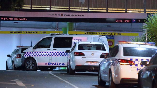 MULGRAVE, VICTORIA — MARCH 02: Police vehicles block the entrance to the carpark. Waverley Gardens S/Centre, 1601 Police Road on March 02, 2018 in Mulgrave, Victoria. (Photo by Patrick Herve) Fees Exist.