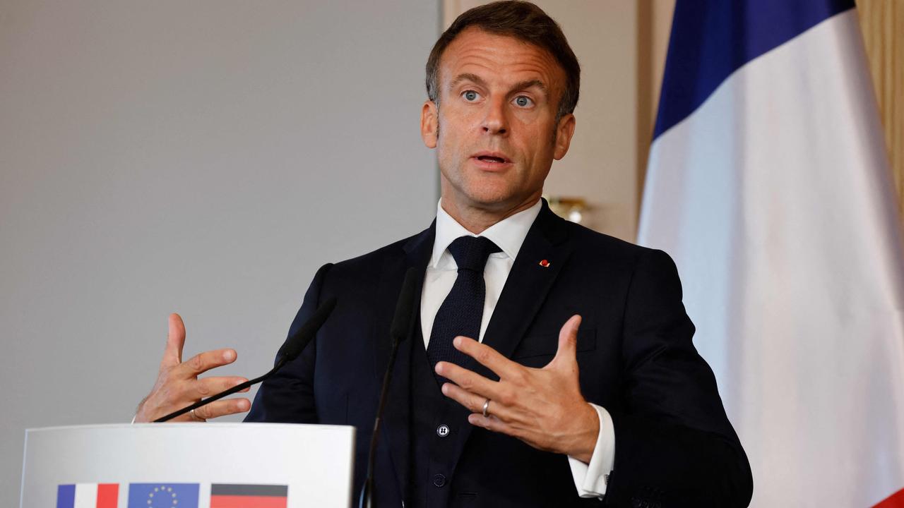 French President Emmanuel Macron gestures as he addresses a joint press conference with the German chancellor in Hamburg, northern Germany. Picture: Ludovic MARIN / AFP