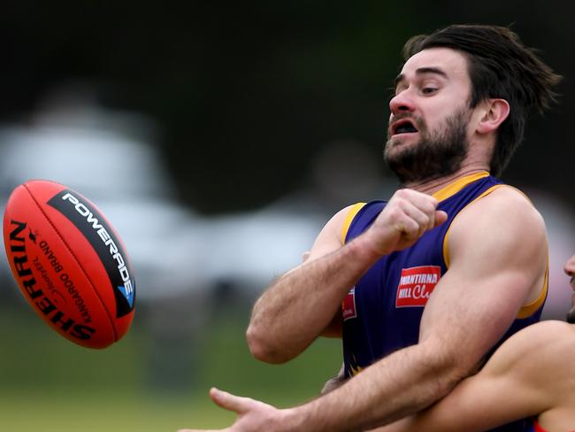 Jordan Collopy and Brayden Kilpatrick in action during the EFL (Div 1) Sth Croydon v Vermont football match in Sth Croydon, Saturday, June 23, 2018. Picture:Andy Brownbill