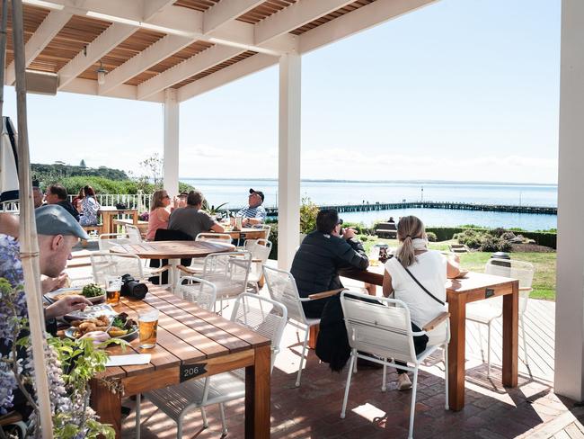 The outside area of Portsea Hotel with stunning view of Port Phillip Bay