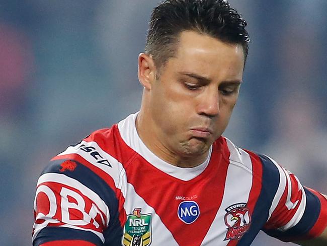 Cooper Cronk of the Roosters kicks ahead during the Qualifying Final between the Sydney Roosters and the Cronulla-Sutherland Sharks in Week 1 of the NRL Finals Series at Allianz Stadium in Sydney, Saturday, September 8, 2018. (AAP Image/Steve Christo) NO ARCHIVING, EDITORIAL USE ONLY