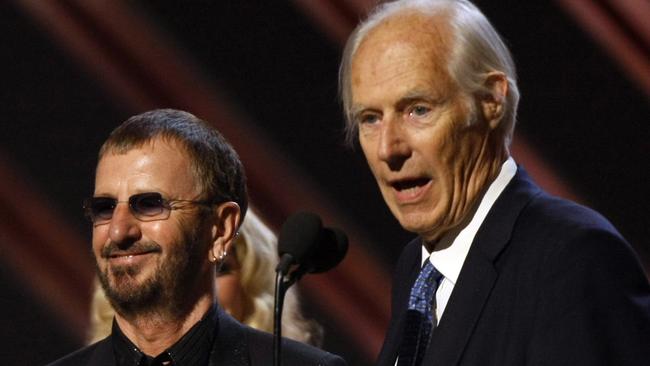 Former Beatles member Ringo Starr and producer George Martin at the 50th Grammy Awards. Picture: AFP