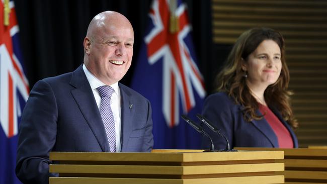 New Zealand Prime Minister Christopher Luxon and Finance Minister Nicola Willis at a press conference on November 27. Picture: Getty Images