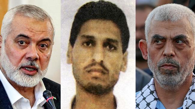 Of Hamas’ three leaders, Yahya Sinwar (R) is last man standing after Ismail Haniyeh (L) ad Mohammad Deif (C) were killed by Israel. Picture: AFP.