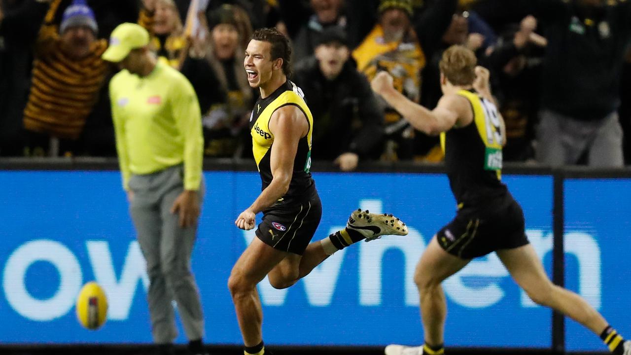 Daniel Rioli celebrates kicking the matchwinner for Richmond against GWS. Picture: Michael Willson/AFL Photos via Getty Images