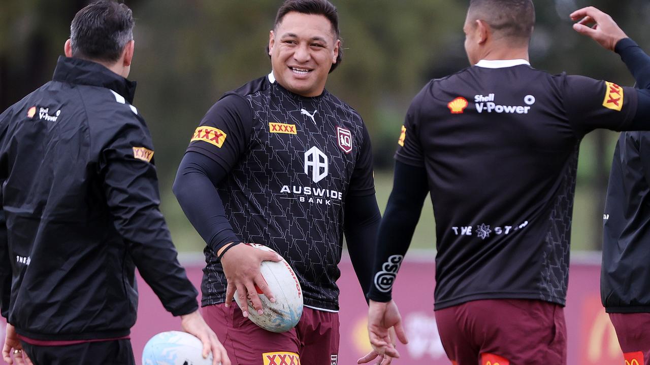 Josh Papalii chats to Maroons coach Billy Slater. Picture: Nigel Hallett