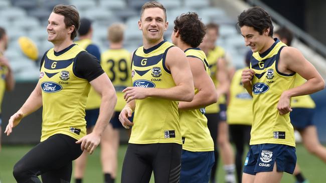 Patrick Dangerfield, Joel Selwood and Sam Simpson. Picture: Jay Town