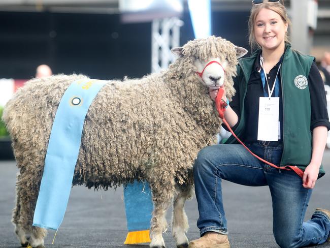 Tahlia Holmes from Warrnambool with the Supreme Champion English Leicester. Picture: Yuri Kouzmin