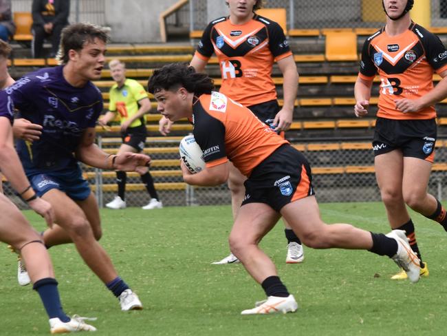 St Marys winger Cooper Rauhihi carries Balmain forward in SG Ball. Picture: Sean Teuma