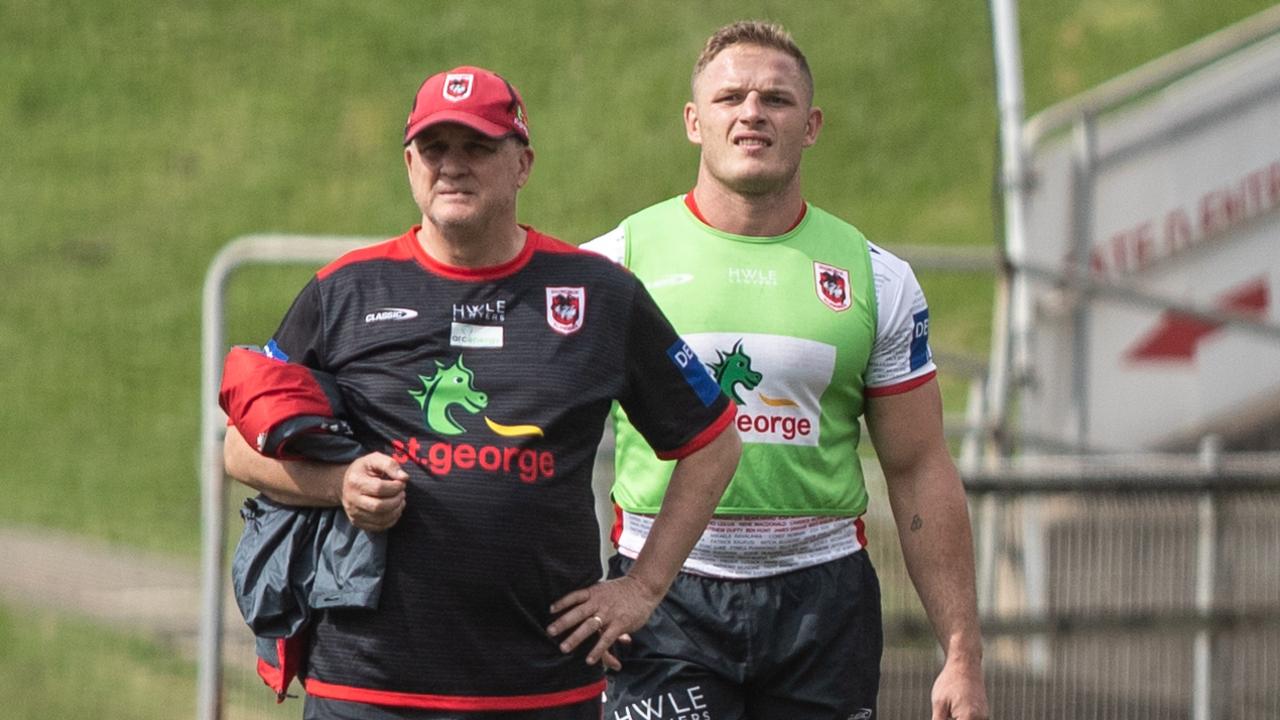 23rd March 2022. Daily Telegraph. Sport. Wollongong, NSW. Pics by Julian Andrews. Pictures show George Burgess training today at WIN Stadium in Wollongong. Burgess is standing next to the clubs coach Anthony Griffin. St George Illawarra will name George Burgess in its NRL squad this week, despite Burgess being charged with "sexually touching another person without consent".