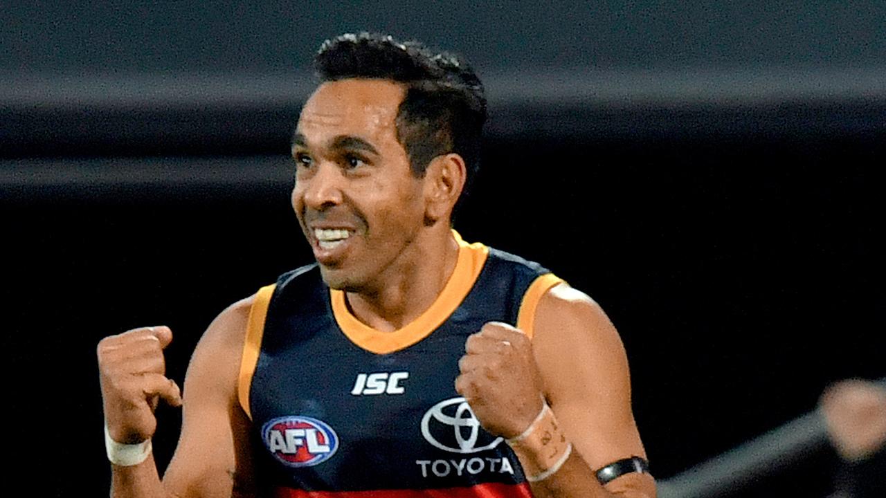 Eddie Betts of the Crows celebrates a goal during the Round 12 AFL match between the Adelaide Crows and the GWS Giants at Adelaide Oval in Adelaide, Saturday, June 8, 2019. (AAP Image/Sam Wundke) NO ARCHIVING, EDITORIAL USE ONLY