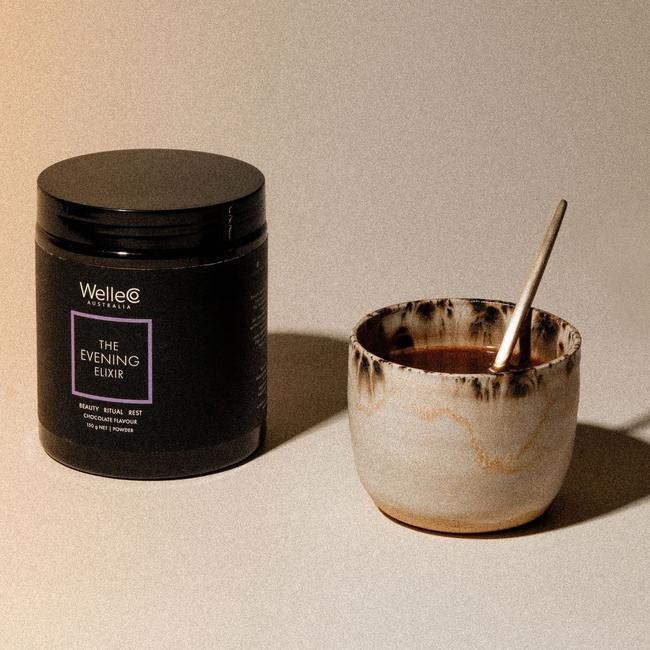 WelleCo has just launched its new 'Evening Elixir', a hot chocolate drink packed with nourishing ingredients, that is sold for $43 at Chemist Warehouse. Picture: Supplied