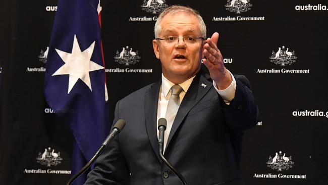 Prime Minister Scott Morrison during a press conference in the Main Committee Room at Parliament House talking about coronavirus restrictions and border closures. (Photo by Sam Mooy/Getty Images)