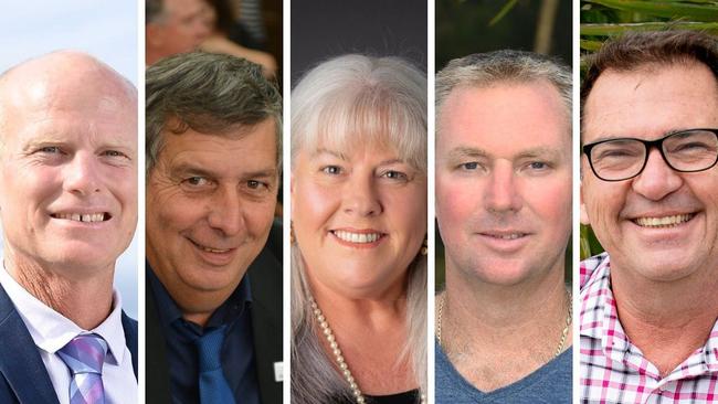 Gympie councillors Mayor Glen Hartwig, Deputy Mayor Hilary Smerdon, Shane Dolly Jensen, Shane Waldock, and Bruce Devereaux. will once more grapple with a complaint against an unidentified councillor which led to them leaving the room in June after declaring conflicts of interest.