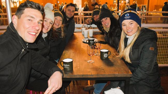 Adam, Brooke, Megan, Adam, Trent, Lauren and Tayla at the Whisky, Wine and Fire Festival 2024 at the Caulfield Racecourse. Picture: Jack Colantuono