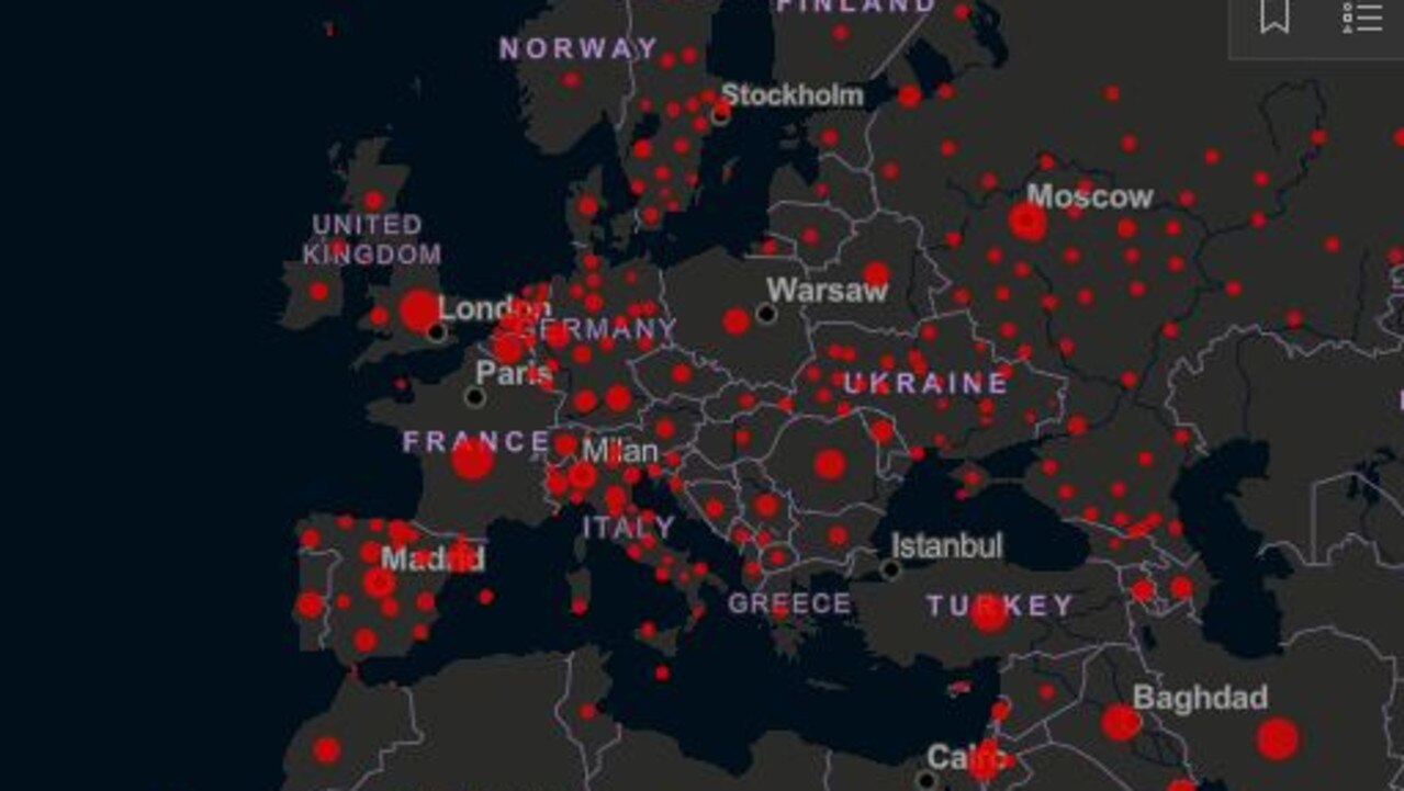 There have been big rises in cases in nations like Spain, France and the UK. Picture: Johns Hopkins University