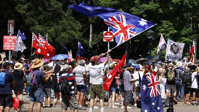 Protesters gathered outside the Queensland Parliament building in Brisbane. Picture: NCA NewsWire/Tertius Pickard