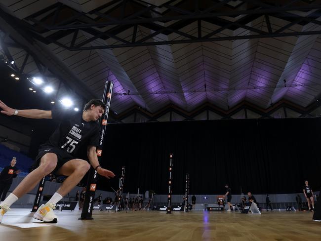 Geordie Payne completes the agility test during the 2023 Victoria AFL State Combine. (Photo by Martin Keep/AFL Photos/via Getty Images)