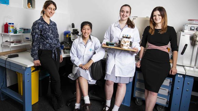 STEM Students Emma Nguyen and Tara Stewardson, with A/Prof Rachael Richardson and Dr Sophie Payne from the Bionics Institute. Picture- Nicole Cleary