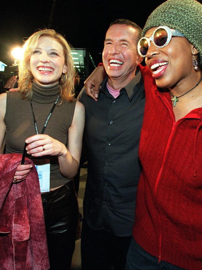 Actor Cate Blanchett with fashion designer Marc Keighery and singer Macy Gray at Fashion Week in 2000.