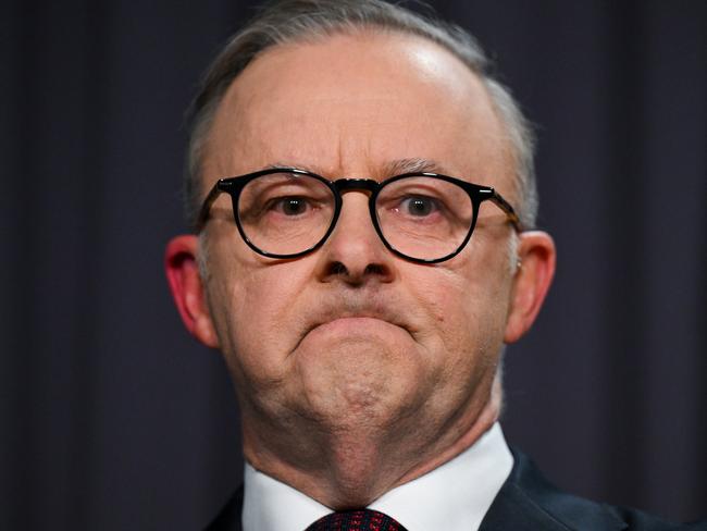 ONE TIME USE. FEES APPLY.Australian Prime Minister Anthony Albanese delivers a statement on the outcome of the Voice Referendum at Parliament House in Canberra, Saturday, October 14, 2023. Australians today voted on whether to enshrine an Indigenous voice in the country's constitution. (AAP Image/Lukas Coch) NO ARCHIVING