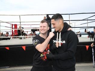 Gold Coast boxer Jai Opetaia and Jeff Horn at their media press call in Surfers Paradise before the world title fight on July 2. Picture Glenn Hampson