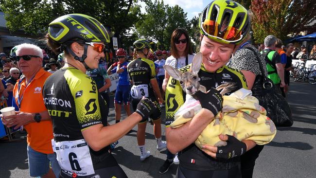 Riders Grace Brown and Jessica Allen meet a rescued kangaroo. Picture: Getty Images