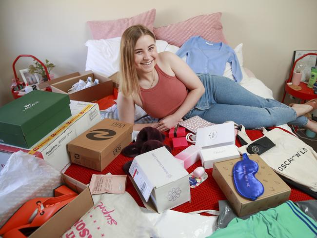 **PICS NOT TO RUN BEFORE SUNDAY OCT 4, 2020** Rebecca Strickland, from Dulwich Hill, at home with some of the purchases she has bought using buy now pay later scheme Afterpay. Picture:Justin Lloyd.