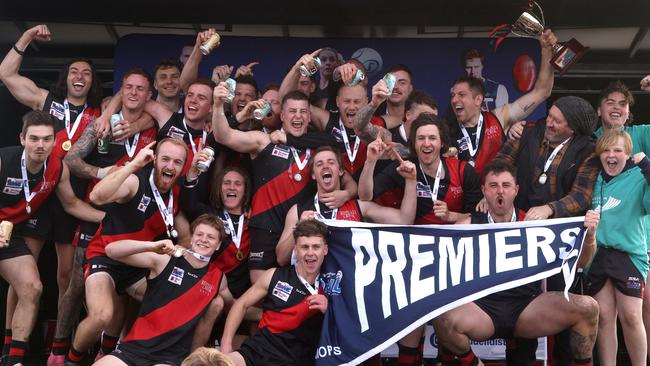 Riddell celebrates its RDFNL premiership triumph. Picture: Hamish Blair