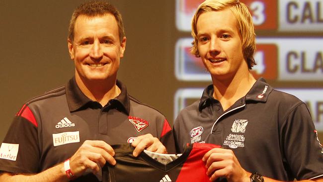 24/11/15 - AFL Draft 2015 - Pick 5 Darcy Parish to Essendon with John Worsfold Picture Simon Cross