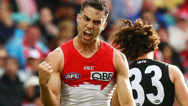 Xavier Richards celebrates a goal against Port Adelaide.