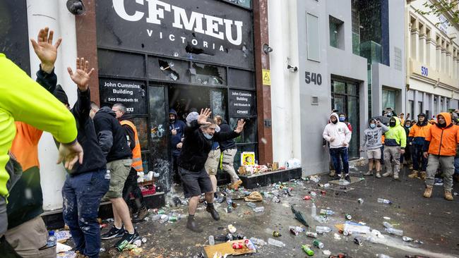 The CFMEU building comes under attack. Picture: David Geraghty