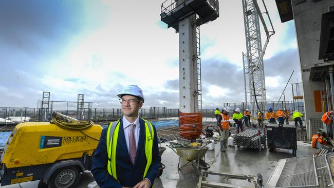 At the top of the Walker Corporation’s Festival Plaza tower, with Renewal SA chief executive Chris Menz. Picture: Roy VanDerVegt