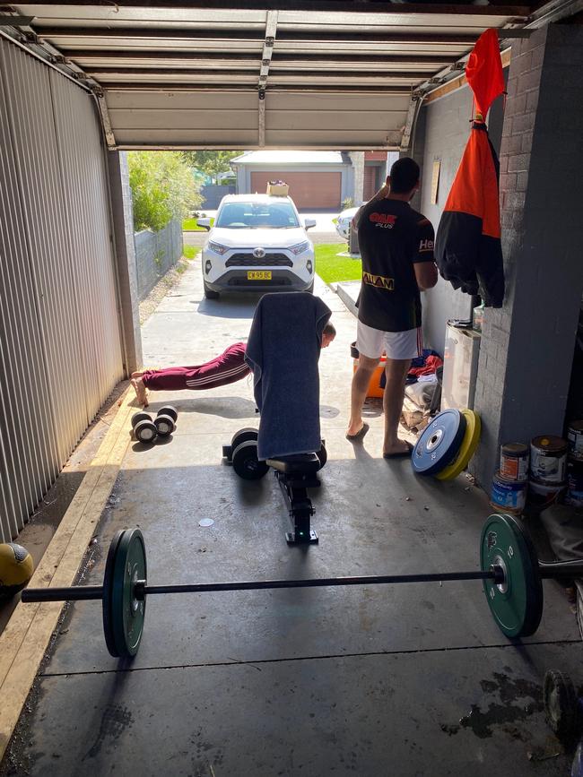 Cleary’s makeshift gym. Picture: Nick Walshaw