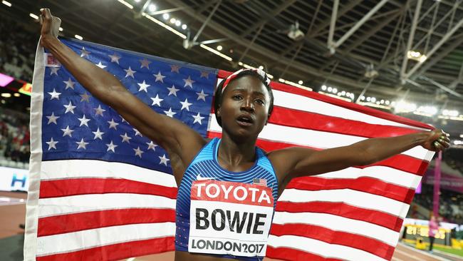 (FILE PHOTO) Olympic sprint champion Tori Bowie dies at 32 LONDON, ENGLAND - AUGUST 06:  Tori Bowie of the United States celebrates winning gold in the Women's 100 Metres Final during day three of the 16th IAAF World Athletics Championships London 2017 at The London Stadium on August 6, 2017 in London, United Kingdom.  (Photo by Patrick Smith/Getty Images)
