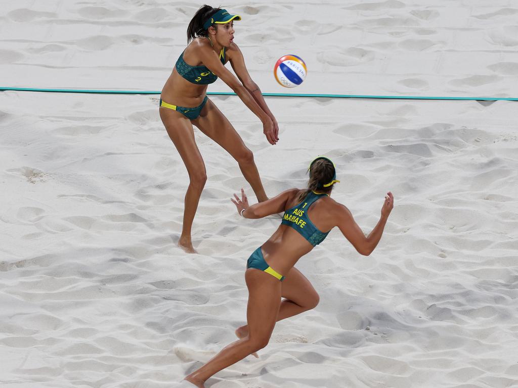 Teamwork makes the dream work: Taliqua Clancy and Mariafe Artacho del Solar win their quarterfinal of the beach volleyball at Eiffel Tower Stadium. Picture: Adam Head