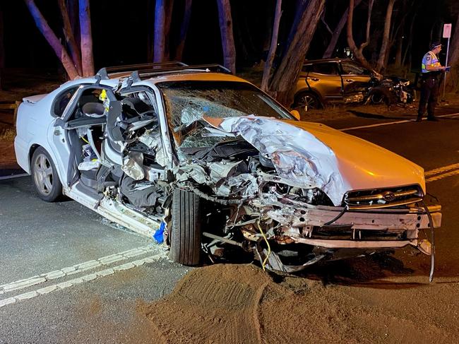 A car involved in a crash on Wakehurst Parkway, North Narrabeen, on Friday night, October 16, 2020. Four people were taken to hospital and the road closed for about two hours after the two-car collision. Picture: NSW Fire and Rescue (Narrabeen)