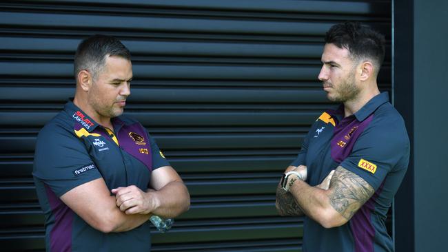 Former Broncos coach Anthony Seibold (left) sacked Darius Boyd as captain. Picture: AAP/Dan Peled