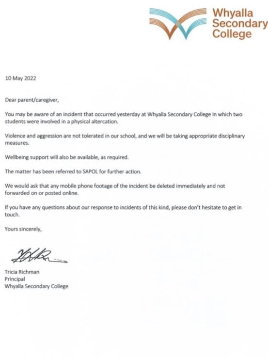 The letter from Whyalla Secondary College to parents